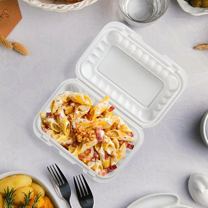 9x6 27 oz 50 Pack To Go Containers - Shrink Wrap Ready to Use | Mineral Filled PP BPA Free Clamshell | Freezer Microwave Safe | White Reusable Food Boxes for Commercial, Sandwiches & Salad