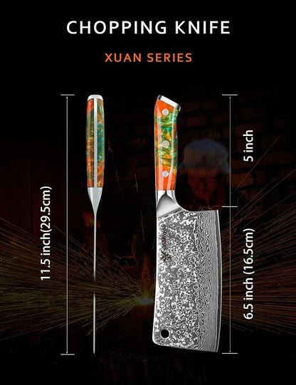 Chopping Knife - 7 inch Cleaver Knife- Xuan Series - VG10 Damascus Steel Kitchen Knife - Resin Handle (Fantasy Orange)