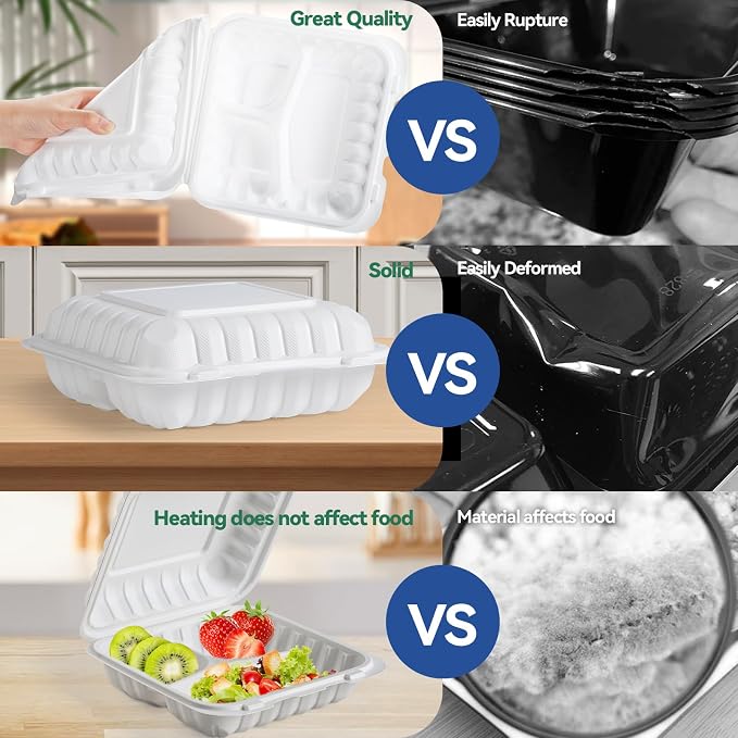 Food Containers 8" 34 oz 55 Pack - Shrink Wrapped Ready to Use | 3 Compartment Mineral Filled PP Clamshell | Microwave & Freezer Safe | BPA Free White To Go Boxes for Meal Prep & Leftovers