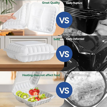 Food Containers 8" 34 oz 55 Pack - Shrink Wrapped Ready to Use | 3 Compartment Mineral Filled PP Clamshell | Microwave & Freezer Safe | BPA Free White To Go Boxes for Meal Prep & Leftovers