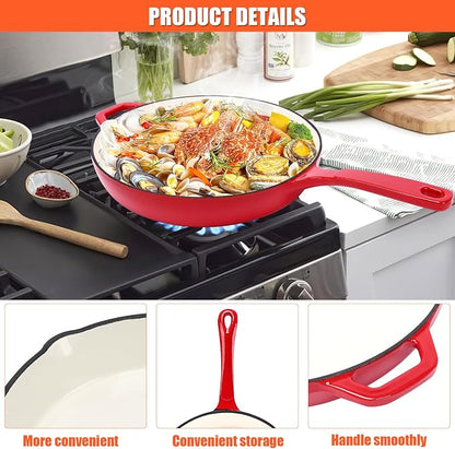 Nonstick Enameled Cast Iron Cookware - 3 Frying Pan Set 8-Inch, 9.5-Inch Frying Pan, Healthy Non Toxic Cooking, PFOA PFAS PTFE Free, Compatible with All Stovetops, Red