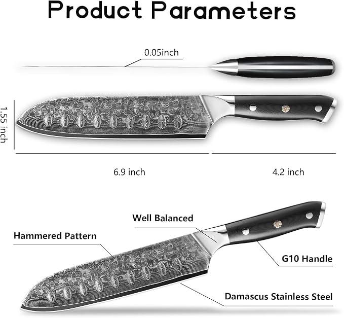 7 inch Santoku Knife, Professional Japanese VG10 Steel Damascus Knife-G10 Handle for cutting Meat,Fish,Fruit, Vegetable