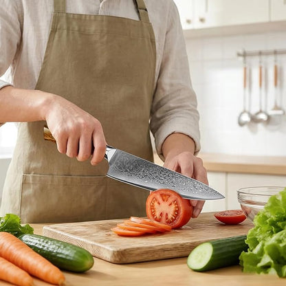 8 Inch Chef Knife – Japanese VG10 Steel Core 67-Layer Damascus, Wood Handle and Premium Gift Box, Full Tang Gyuto Knife, Fathers Day, Unique Gifts for Men & Women