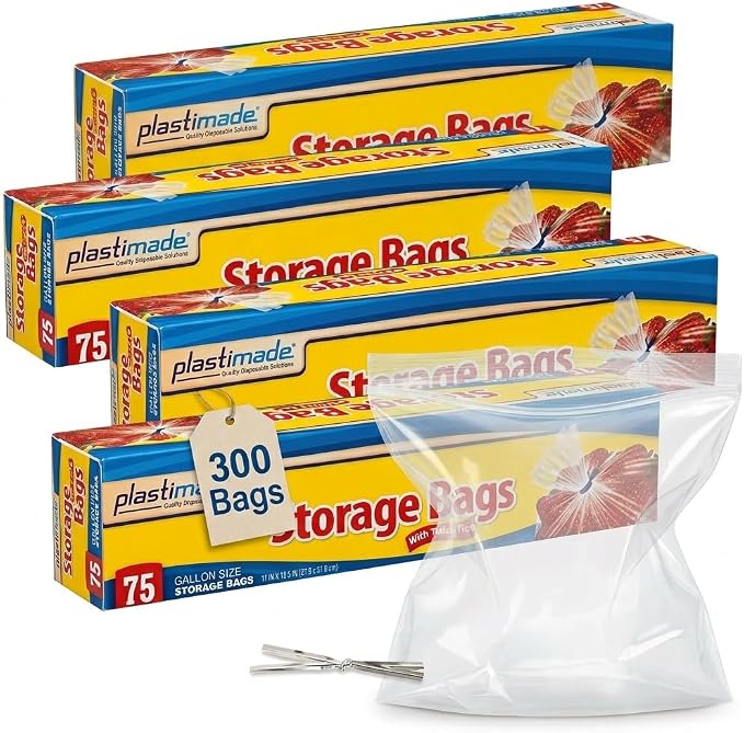 1 Gallon Storage Bags with Twist Ties, 300 Count - Clear Plastic Food Storage Bags for Sandwiches, Snacks, Fruit, Produce & Freezer