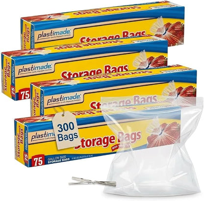 1 Gallon Storage Bags with Twist Ties, 300 Count - Clear Plastic Food Storage Bags for Sandwiches, Snacks, Fruit, Produce & Freezer