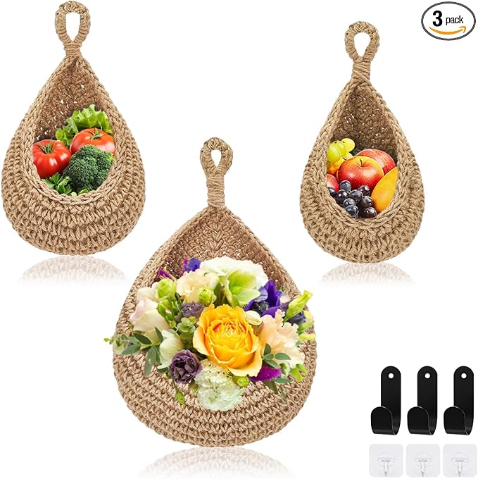 Hanging Fruit Baskets for Kitchen, 3 Pack Boho Hanging Wall Basket with 6 Pcs Strong Hooks, Teardrop Storage Baskets for Fruits, Vegetables, Onion - Decorative Organizing Wall Baskets for Home