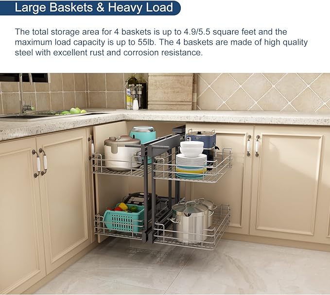 VADANIA Blind Corner Pull Out Organizer for 36" Cabinet, Left Open & Right Open Compatible, Min Opening 15", 2-tier Pull-out Basket, Soft Close, Bottom Mount