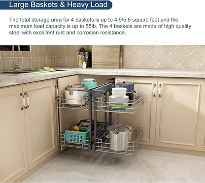 VADANIA Blind Corner Pull Out Organizer for 36" Cabinet, Left Open & Right Open Compatible, Min Opening 15", 2-tier Pull-out Basket, Soft Close, Bottom Mount