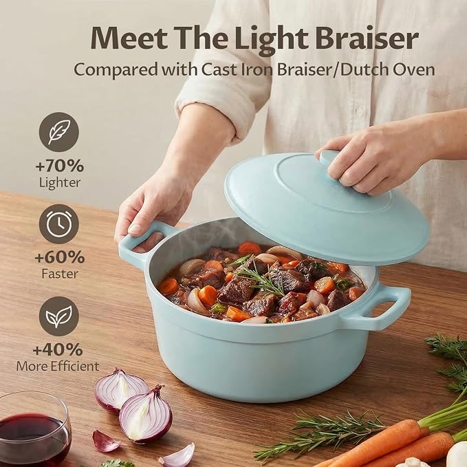 BEZIA 5.7 Quart Nonstick Ceramic Stock Pot with Lid, Lightweight Die-Cast Aluminum Dutch Oven Style Cooking Pot for Soup, Family Stew & Braising, Oven Safe Casserole, Induction Ready, for 3-5 People
