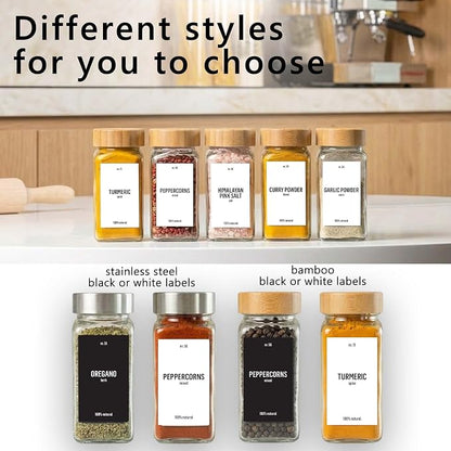 Deco haus Glass Spice Jars with White Label and Bamboo Lid 24x4oz [LABELS incl] Spice Containers with Labels, Shaker Lids & Funnel - Empty Herb Seasoning Containers, Small Seasoning Bottles for Her