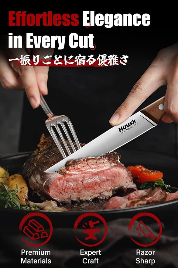 Huusk Steak Knives Set of 8 with Drawer Organizer-4.5 in Japanese Serrated Steak Knife Set with Block, Serrated & Straight Dual-Edge, Stainless Steel Steaks Knives with Holder, Gifts Idea for Men
