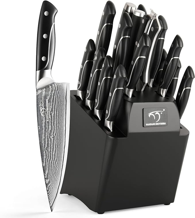 18 Pieces Damascus Kitchen Knife Set, 8 Piece Steak Knives, Non-slip ABS Ergonomic Triple Rivet Handle for Meat Fork, Knife Sharpener and Shears, 17 Slots Wooden Knife Block