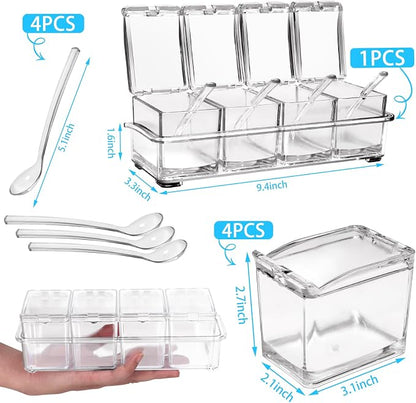4-Cell Clear Seasoning Rack Spice Box, Storage Container Condiment Jars Acrylic Seasoning Box with Cover and Spoon (Enhanced Version Clear)