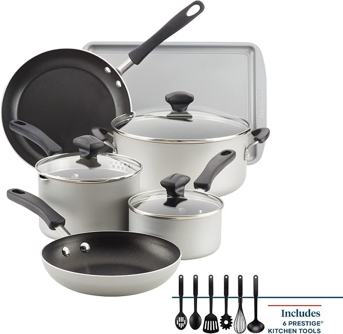 Farberware Cookstart Aluminum DiamondMax Nonstick Cookware Set, Kitchen Essentials, 5 Quarts, Silver