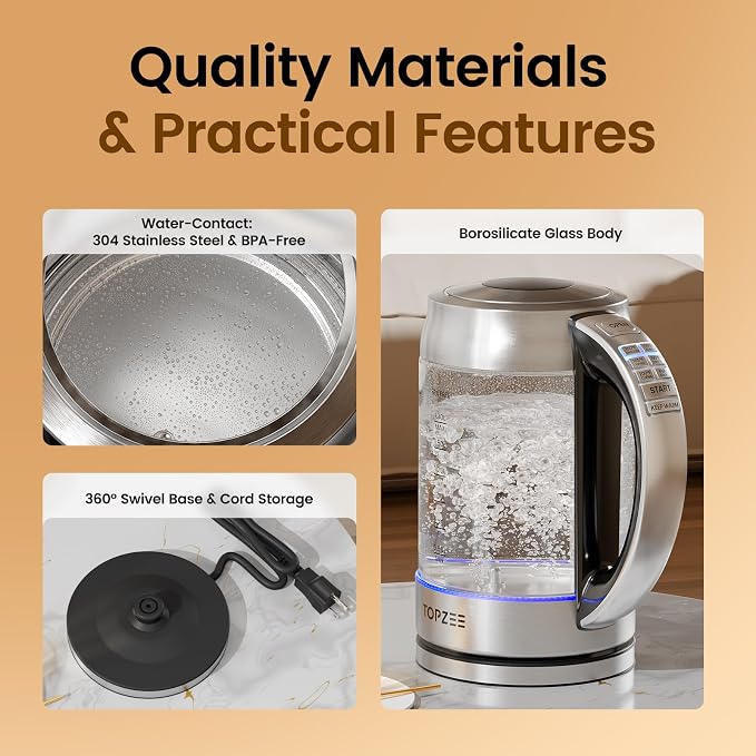 TOPZEE 1.7L Glass Electric Kettle for Coffee & Tea, Hot Water Boiler with 6 Preset Temperatures, Keep Warm and Memory Function, Auto Shut-off & Dry Boil Protection, BPA Free, Rapid Boil, 1500W, Silver