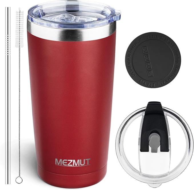 MEZMUT 20oz Tumbler Coffee Travel Mug with Daul Lid and Straw, Stainless Steel Double Wall Vacuum Spill Proof Insulated Tumbler, Hot or Iced Coffee Cups for Drinks (1Pack, Deep Red)