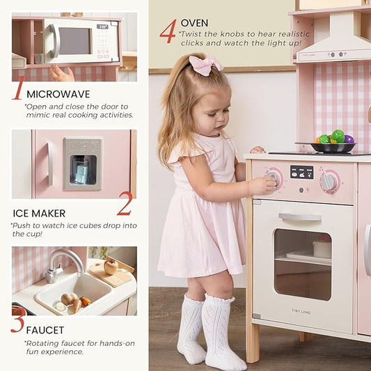 Tiny Land Kids Kitchen Playset, Height Adjustable Wooden Play Kitchen Set w/Real Lights & Sounds, 18 Pcs Toy Food & Cookware Accessories, Ideal Role Play Toy Gift for Toddlers Girls Ages 3-8, Pink