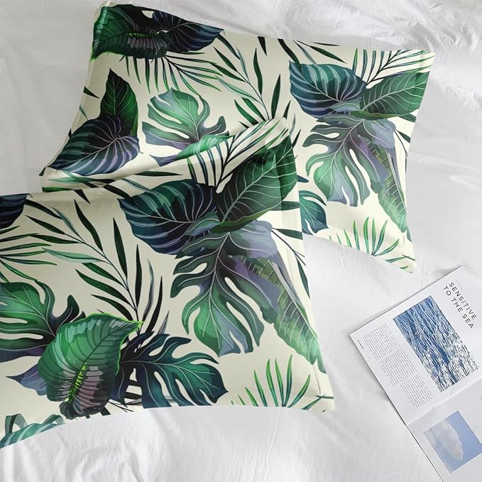 Pamnest Comforter Set Full Size, Tropical Plants Leaves 7 Pcs Bedding for Kids and Adults, Palm Leaf Monstera Bed Sheet Sets with Fitted Sheet 2 Pillowcase & 2 Sham for Bedroom Bed Decor