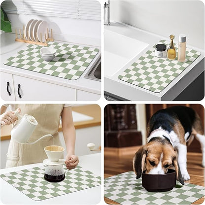 CooRug Checkered Dish Drying Mat for Kitchen Counter, Absorbent Non-Slip Coffee Mat, Heat Resistant Mat for Countertops Coffee Bar Decor 16" x 24" Green
