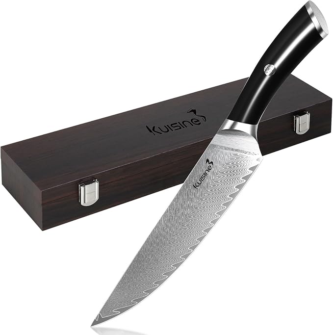 KUISINE Damascus Chef Knife, 8 Inch High Carbon Stainless Steel Ultra Sharp Kitchen Knife with Non-slip Ergonomic Handle, Gift Box for Holiday