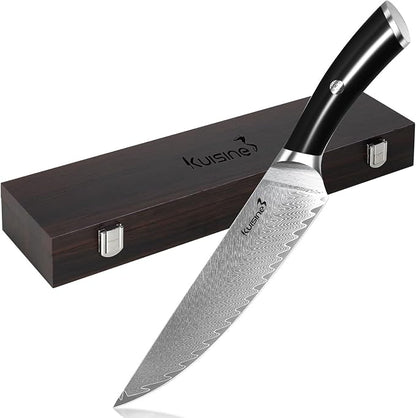 KUISINE Damascus Chef Knife, 8 Inch High Carbon Stainless Steel Ultra Sharp Kitchen Knife with Non-slip Ergonomic Handle, Gift Box for Holiday