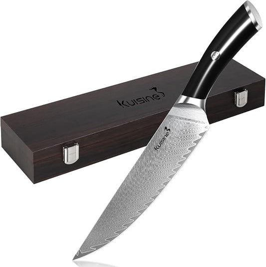KUISINE Damascus Chef Knife, 8 Inch High Carbon Stainless Steel Ultra Sharp Kitchen Knife with Non-slip Ergonomic Handle, Gift Box for Holiday