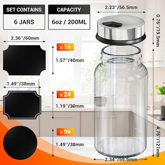 Segarty Glass Spice Jars with Shaker Lid, 6 Pack 6 oz Empty Spice Jar with Labels, Seasoning Containers Spices Bottles Set with 136 Stickers, 1 Chalk Pen, 1 Brush, Salt Pepper Shakers for Kitchen