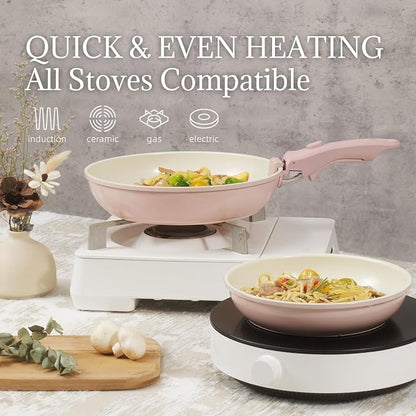 Ceramic Cookware Set Non Stick 8Pcs Pots and Pans Set Detachable Handle Induction Kitchen Cooking Set with Frying Pans Oven Dishwasher Safe, PFAS/PFOA Free, Pink