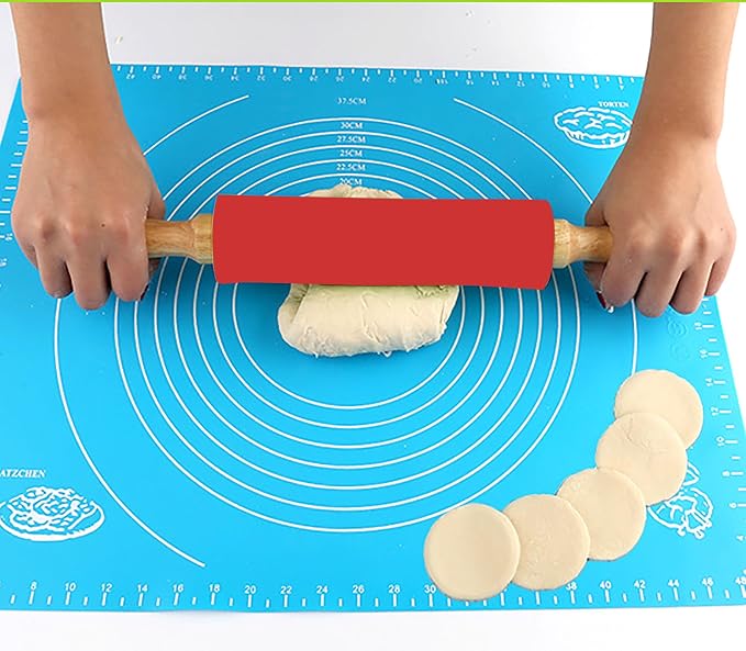 Red Rolling Pin, 9 Inch Silicon Rolling Pin with Wooden Handle for Kneading the Dough of Baking Bread, Pizza, Cookie, Noodles (red, 9 inch)