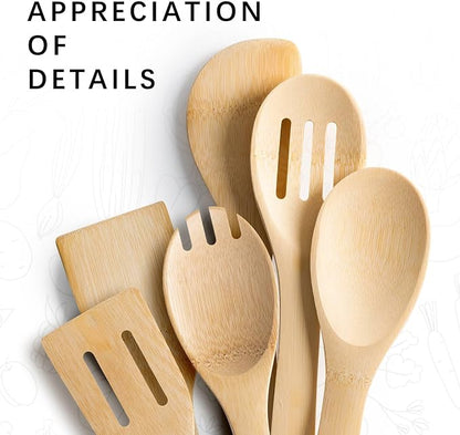 Wooden Spoons for Cooking, 6PCS Wooden Utensil Set Includes Slotted Spoon, Wooden Spoon & Wooden Spatula, Bamboo Cooking Utensils for Non-Stick Pans, Natural Bamboo Utensils