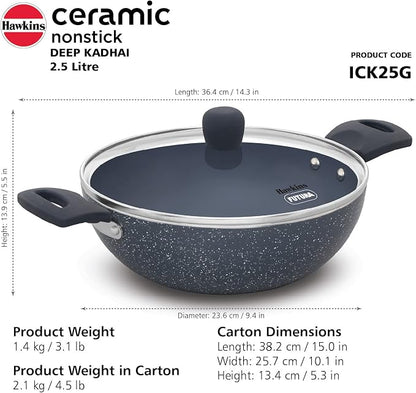 HAWKINS Ceramic Nonstick 2.5 Litre Deep Kadhai, Induction Deep Fry Pan with Glass Lid, Granite Kadai (ICK25G)