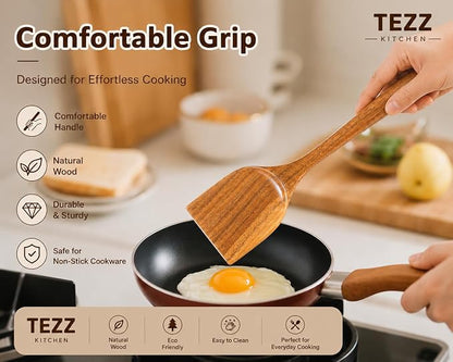 Wooden Spatulas, 2 PCs Natural Acacia Wooden Cooking Utensils Set for Non-stick Pan Kitchen Tool, flipping and Wok Spatula, Wooden Spoons & Spurtle for Cooking