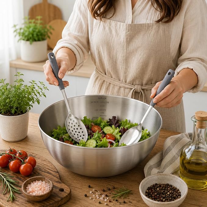 Metal Serving Spoons Set, Large Serving Spoons with Silicone Handles, Stainless Steel Serving Spoon, Slotted Spoon & Soup Ladle Set for Buffet and Home Kitchen (Dark gray)