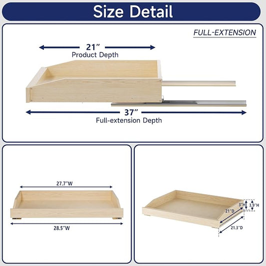 Pull Out Cabinet Organizer 28.5" W x 21" D, Soft Close Slide Out Wood Drawer Shelf for Kitchen Cabinets, Pull Out Cabinet Drawer for Base Cabinet, Pantry and Bathroom Storage, Bottom Mount