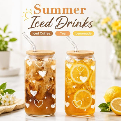 Glass Cups with Lids and Straws, 2 Pack Heart Glass Cups, 16 oz Borosilicate Iced Coffee Cups, Matching Drinkware for Best Friends, Couples, Birthday and Anniversary