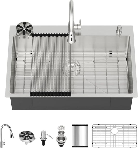 Lordear 30 Inch Drop In Kitchen Sink with Faucet 16 Gauge Stainless Steel Single Bowl Kitchen Sink with Glass Rinser, Pull-out Faucet, and Soap Dispenser #T30229-F16030SS