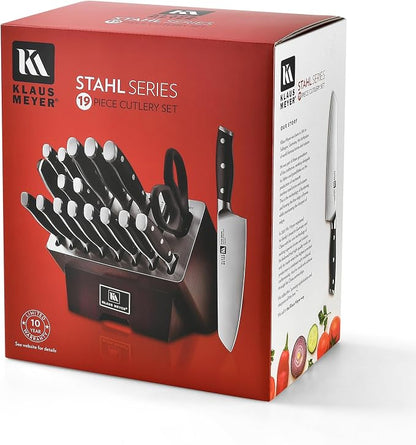Klaus Meyer 19-Piece Knife Block Set with Sharpener, High Carbon German Stainless Steel (Stahl), Full-Tang Handles, Kitchen Knife Set (Black)