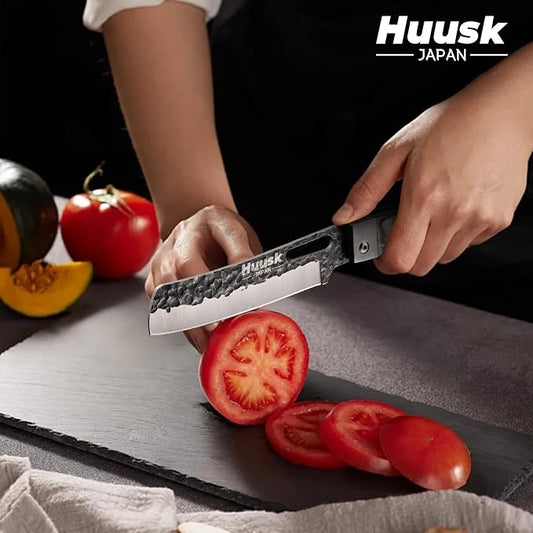 Huusk Japanese Folding Nakiri Knife - Pocket Vegetable Knife with Hand Forged Blade - Portable Kitchen Knives for BBQ, Camping and Travel - Gift for Men and Women