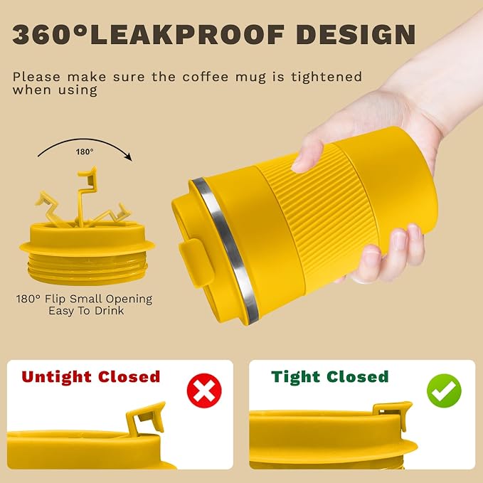 SPLMIFA Vacuum Insulated Travel Coffee Mug, Reusable Stainless Steel Tumbler with Leak-Proof Lid, Keeps Drinks Hot or Cold for Hours, Durable Portable Cup for Men & Women (3rd-Yellow, 12oz)