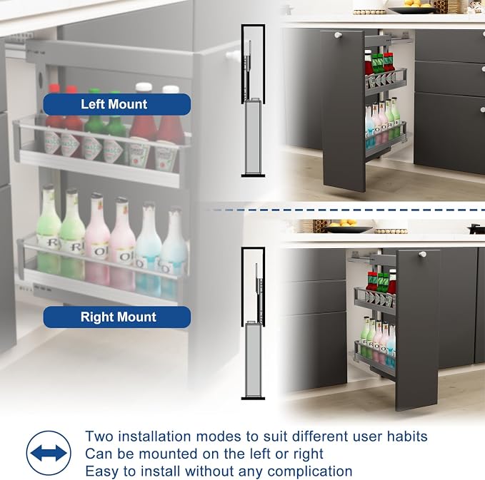 VADANIA Naro Pull Out Cabinet Organizer with Glass Side Panels, 2-Tier Spice Rack for 10" Base Cabinets, Soft Close Full-Extension Slides, Reversible Left or Right Side Mount