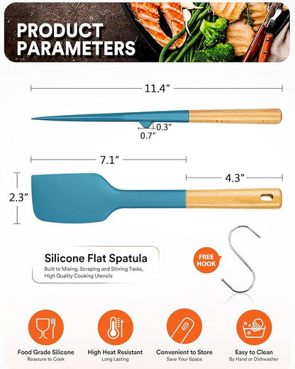 Silicone Heavy-Duty Spatula, Great For Tough Mixing And Stirring, Sturdy Bpa-Free Matte Silicone, Wooden Handle Rubber Scraper For Nonstick Cookwares (TURQ)