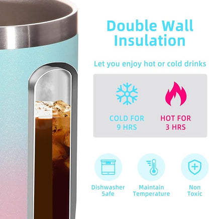 Volhoply 14oz Insulated Stainless Steel Coffee Mug with Lid Bulk 4 Pack,Double Wall Vacuum Travel Coffee Cup with Handle,Reusable Cups Tumbler,Camping Mugs Keep Hot,Ideal Gifts(Green Pink,4)