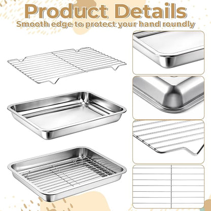 Quarter Baking Sheet Pan with Cooling Rack Set (2 Pans + 2 Racks), Stainless Steel Cookie Sheets Quarter Sheet Pan for Oven Baking, Warp Resistant & Nonstick, Size 14 x 10 x 1.8 Inch