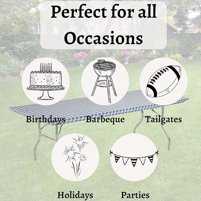 Kwik-Covers 8' Rectangle Plastic Table Covers 30" x 96", Bundle of 5 (Blue Gingham)