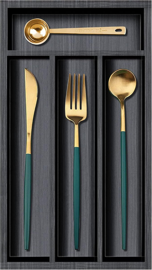 Small Silverware Organizer Narrow Wooden Cutlery Tray 12"x6.7" Spoon Kitchen Utensil Holder for Drawer Divider Bamboo Cutlery Drawer Organizers Storage Black Wood Silverware Tray Flatware Organizer
