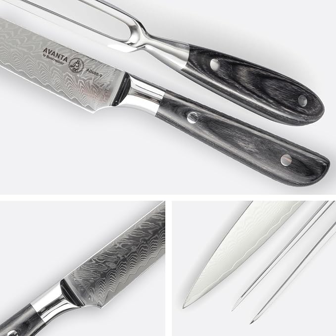 Messermeister Avanta Damascus Kullenschliff Carving Set - Includes 8” Carving & Slicing Knife + 7” Fork - Japanese Damascus Stainless Steel - Pakkawood Handle - Rust Resistant & Easy to Maintain