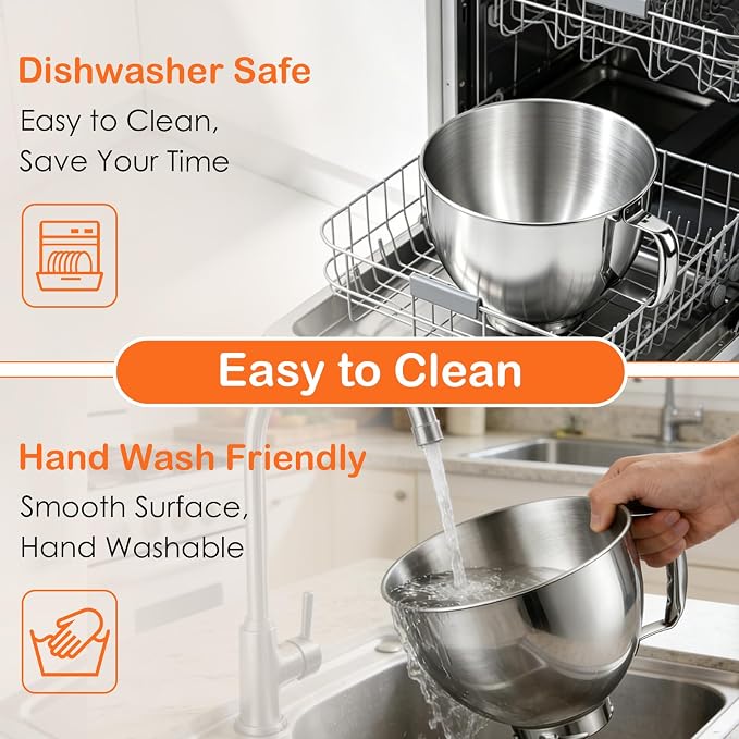5QT Stainless Steel Mixer Bowl for KitchenAid 4.5-5 QT Tilt-Head Stand Mixers, with Anti-slip handle and Prominent Clasp, for KitchenAid Accessories and Attachments, Dishwasher safe