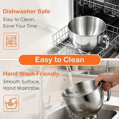 5QT Stainless Steel Mixer Bowl for KitchenAid 4.5-5 QT Tilt-Head Stand Mixers, with Anti-slip handle and Prominent Clasp, for KitchenAid Accessories and Attachments, Dishwasher safe