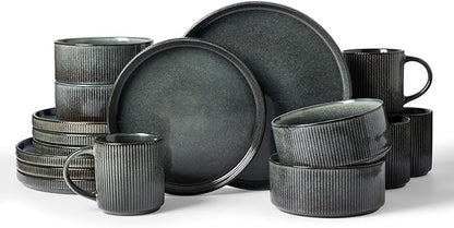 Famiware Star 16-Piece Stoneware Dinnerware Set, Service for 4, Reactive Glaze Mugs, Plates and Bowls, Dishes with Trim, Modern Rustic, Chip/Scratch Resistant, Microwave/Dishwasher Safe, Deep Forest