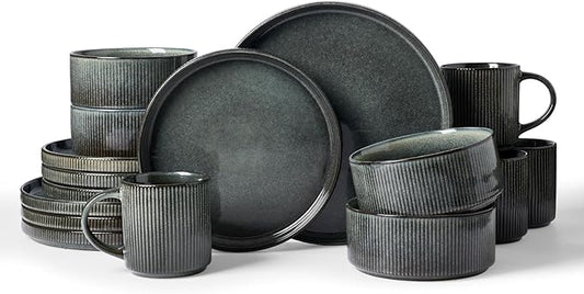 Famiware Star 16-Piece Stoneware Dinnerware Set, Service for 4, Reactive Glaze Mugs, Plates and Bowls, Dishes with Trim, Modern Rustic, Chip/Scratch Resistant, Microwave/Dishwasher Safe, Deep Forest